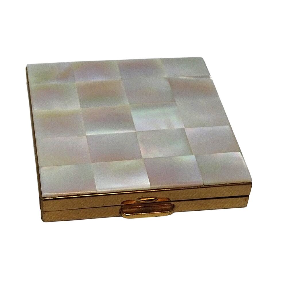 Vintage Volupte USA Mother of Pearl Gold Tone Powder Compact with Pouch